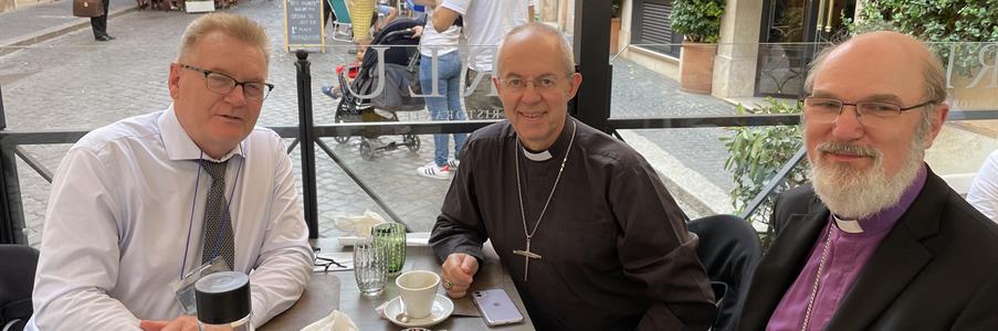 David Wells (left), with the Archbishop of Canterbury, the Most Reverend Justin Welby (centre) and Bishop Dr. Thomas Schirrmacher in Rome in Oct 2021.