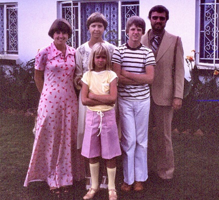 Denise (née Forsythe) Huzzey at left, with Vern and Belva Tisdalle and their two children, Stephen and Michelle, in Zambia in 1977. 