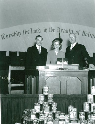 Ken and me at Central Pentecostal Church, Edmonton, presenting us with a grocery shower, November, 1949